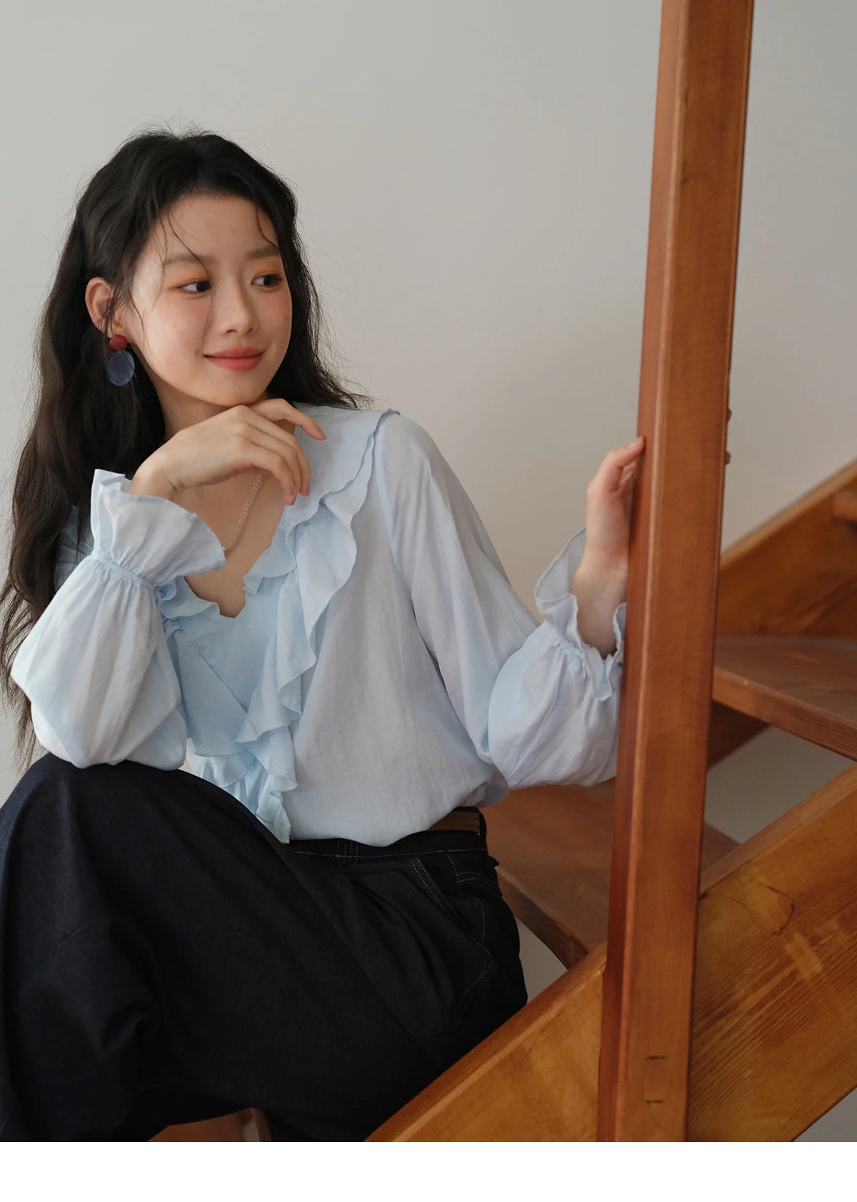 MISHOW Blue Lyocell Ruffled Shirt Flared Sleeves MXE41X1969