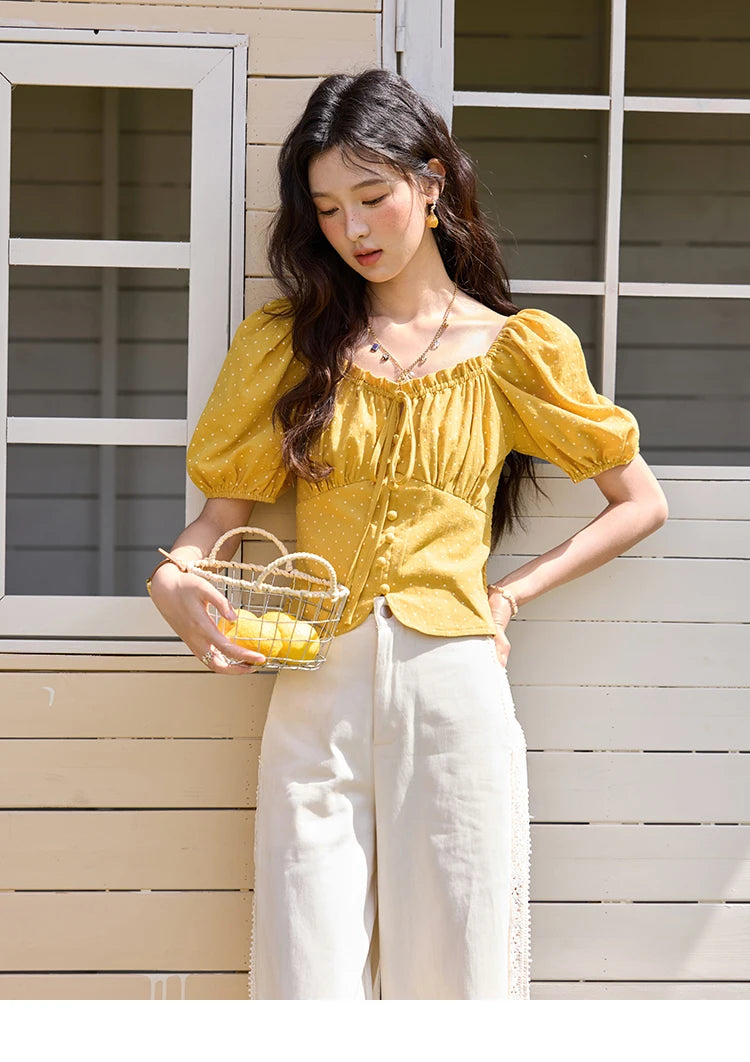 MISHOW Yellow Polka Dot One Shoulder Blouse Back Elastic Lace-Up MXE35X1840