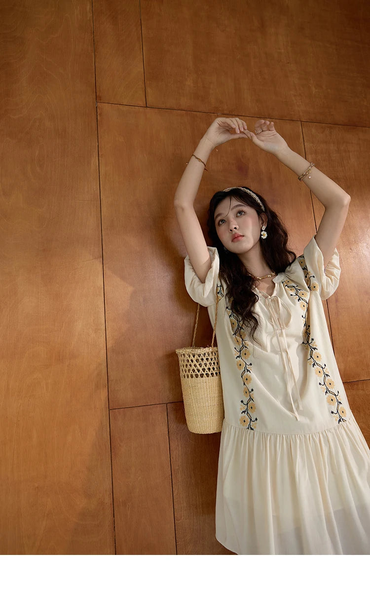 Mishow Korean Sunflower Embroidery Lace-Up Doll Dress MXD30L1959