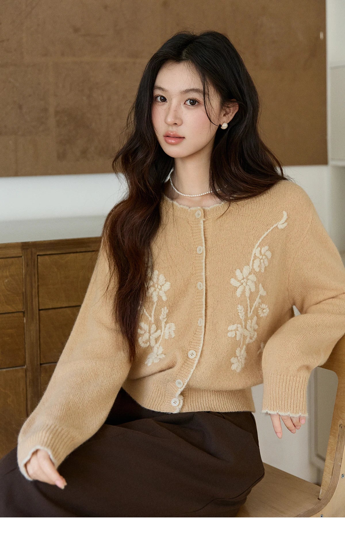 Mishow Camel Floral Embroidery Crew Neck Cardigan MXF11Z2896