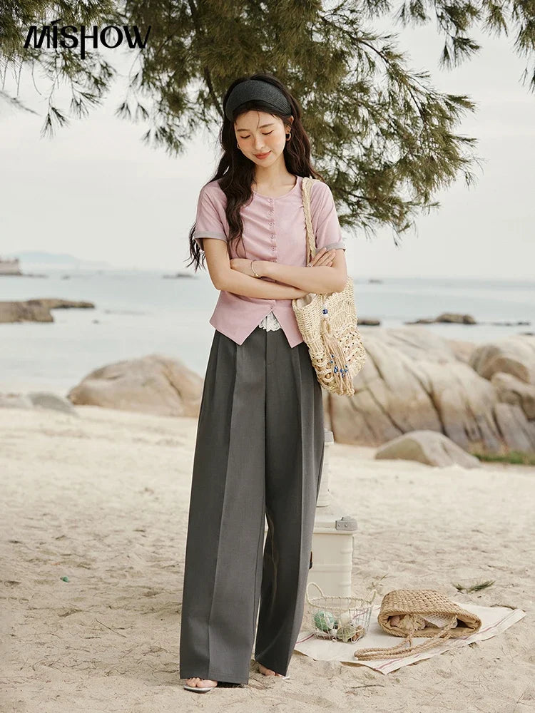 MISHOW Gray High Waist Wide Leg Pants Retro Office MXE32K0921
