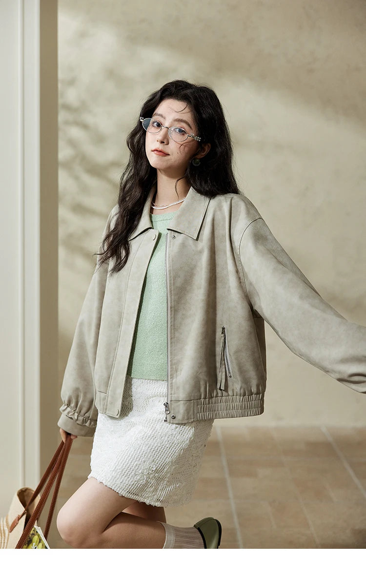 MISHOW Minimalist Short Jacket Lapel Zipper Elastic Hem MXE13W0715