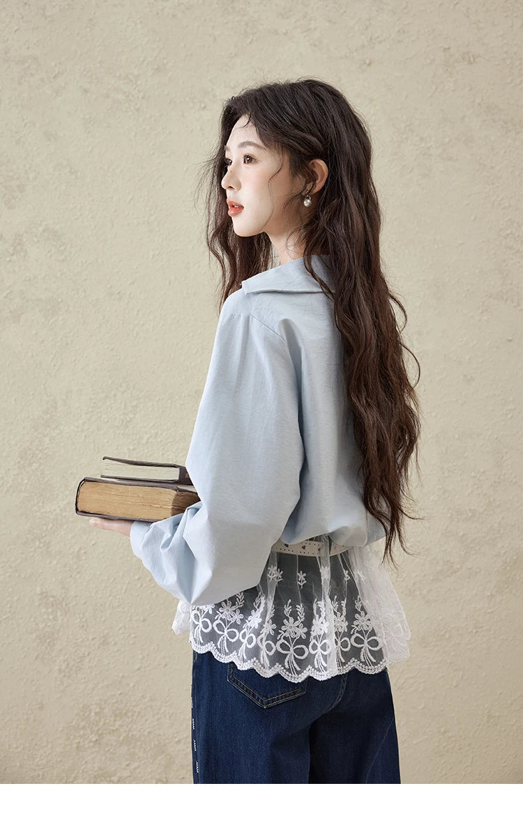 MISHOW French Fake Two-Piece Blouse Turn-Down Collar Lace Splicing MXE16C0783