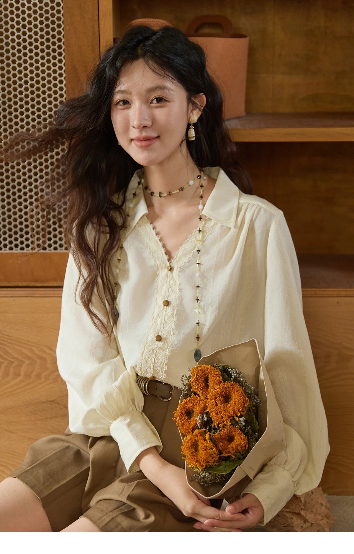 MISHOW French V-Neck Shirt Lace Panels Apricot Top MXE43X2474