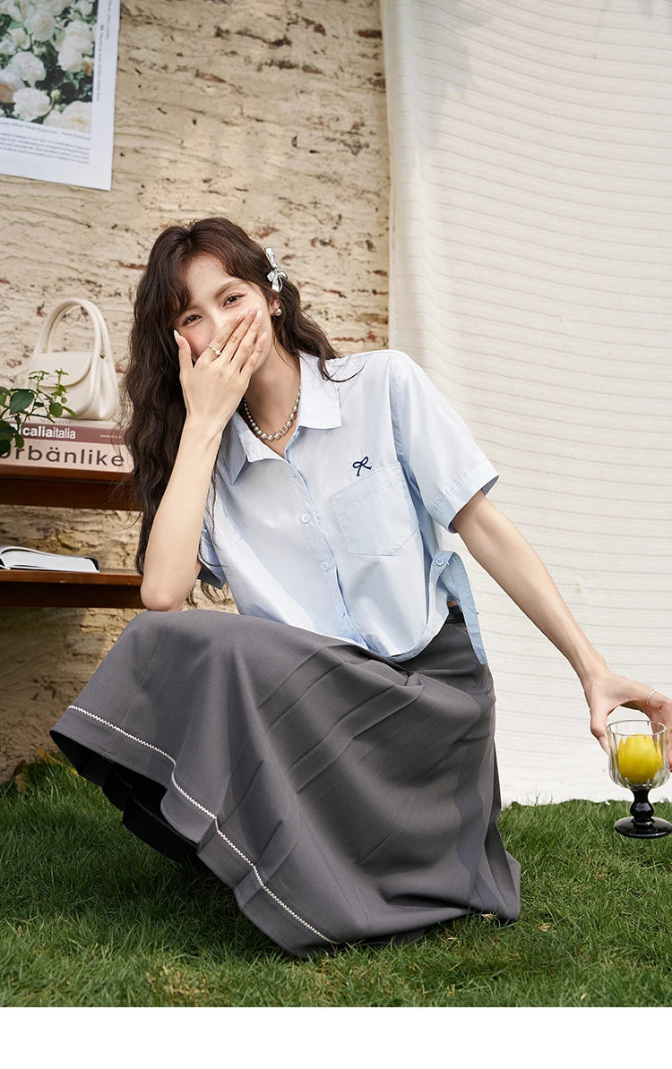 MISHOW Same Color Bow Embroidered Shirt Asymmetric Hem MXD23C0257