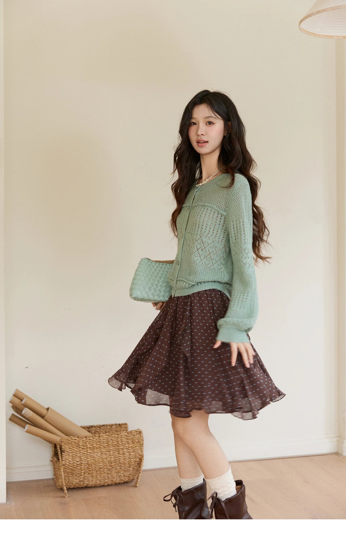 Mishow Mint Green Crew Neck Hollow Cardigan MXF108Z1046