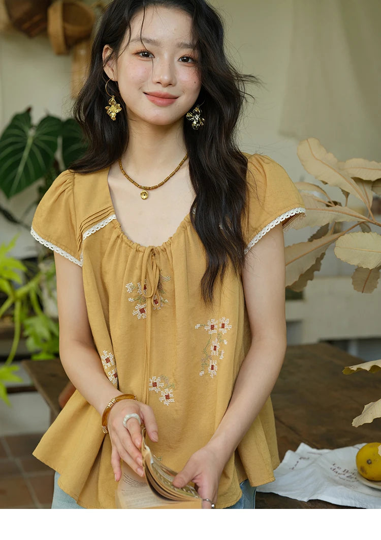 MISHOW Embroidery Flower Blouse O-Neck Lace Up Flying Sleeve MXE39X1880