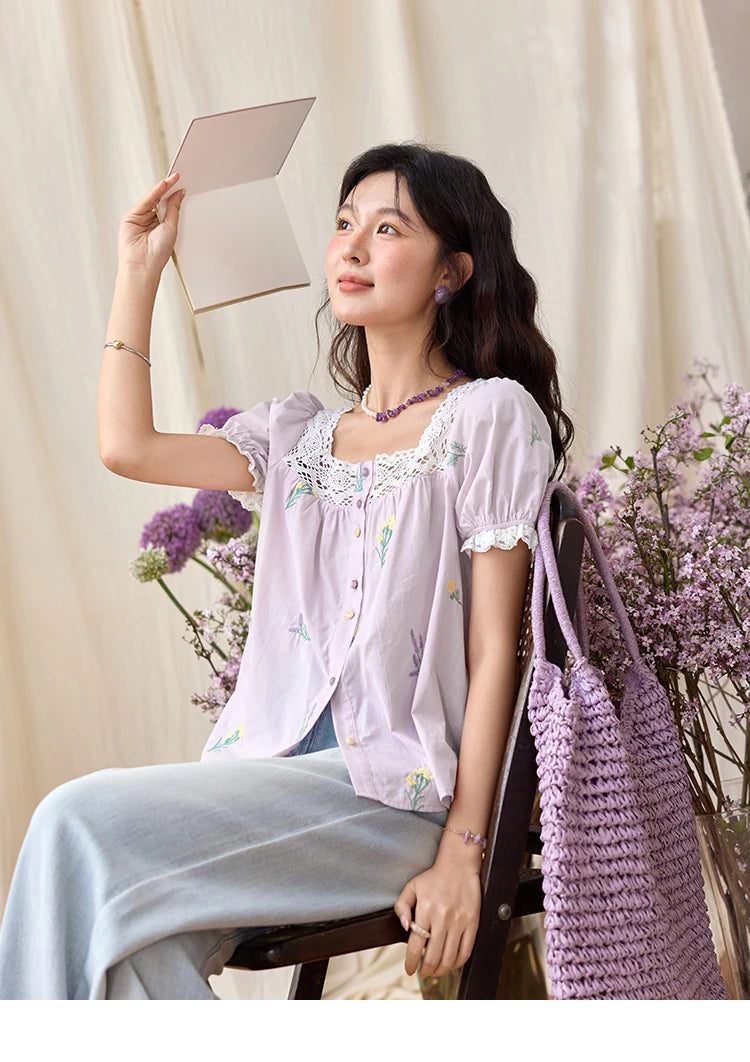 MISHOW Lace Patchwork Square Collar Blouse Puff Sleeve MXE36X1830