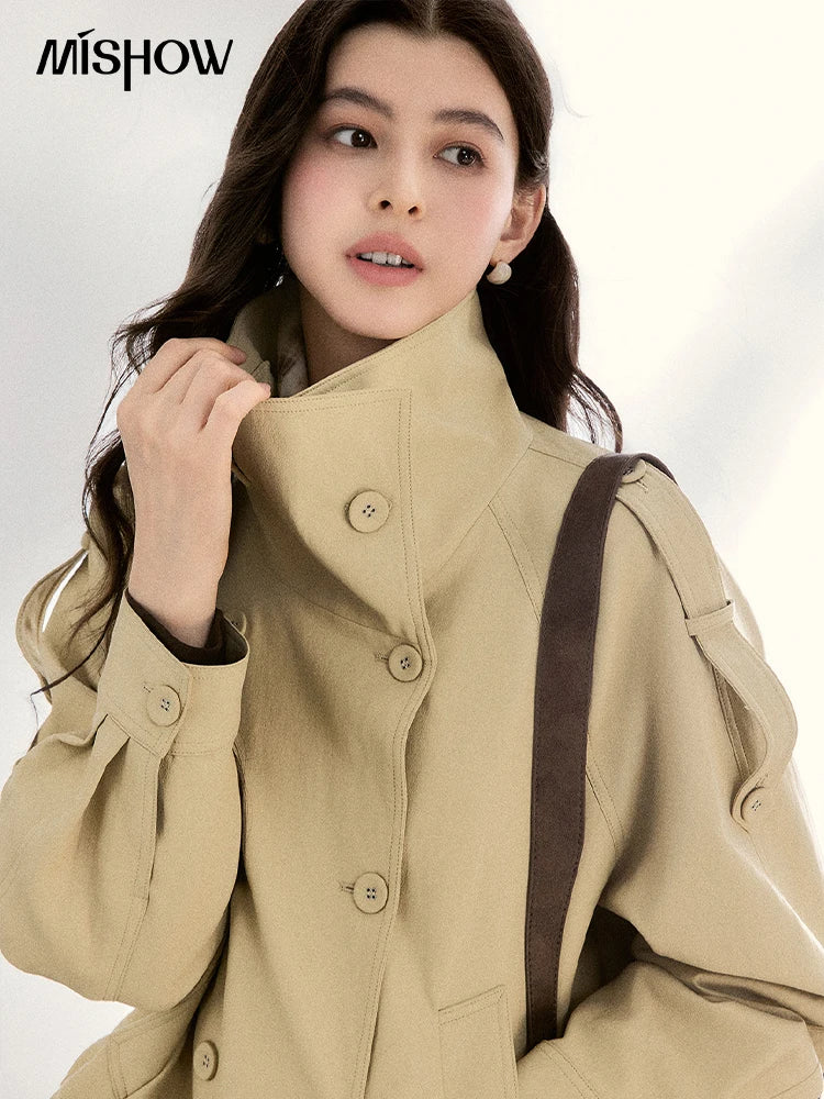 MISHOW Khaki Cropped Leather Jacket Lapel Stand Collar MXF108W1000