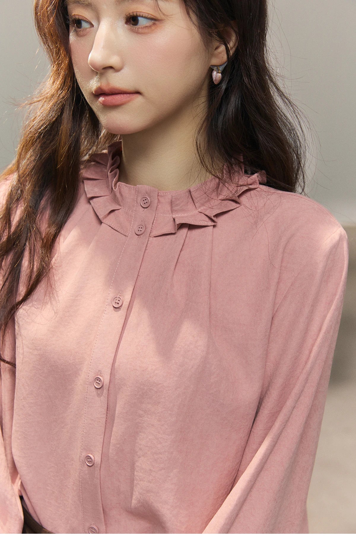 MISHOW Peach Skin Solid Shirt Ruffled Crew Neck MXF11C2431