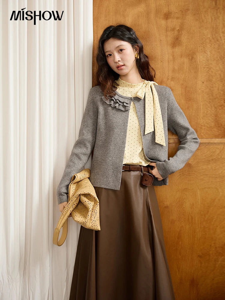 Mishow Gray Ruffled Collar Floral Yarn Cardigan MXE45Z1378