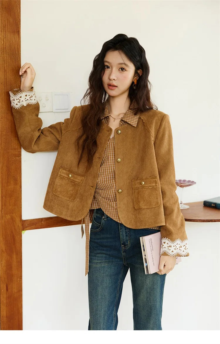 MISHOW Fragrant Suede Jacket Cuffs Hollowed Out Lace Metal Button MXE46W0839