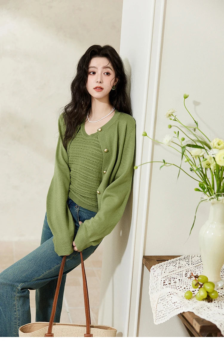 Mishow Avocado Green Metal Button Crochet Cardigan MXE11Z1188