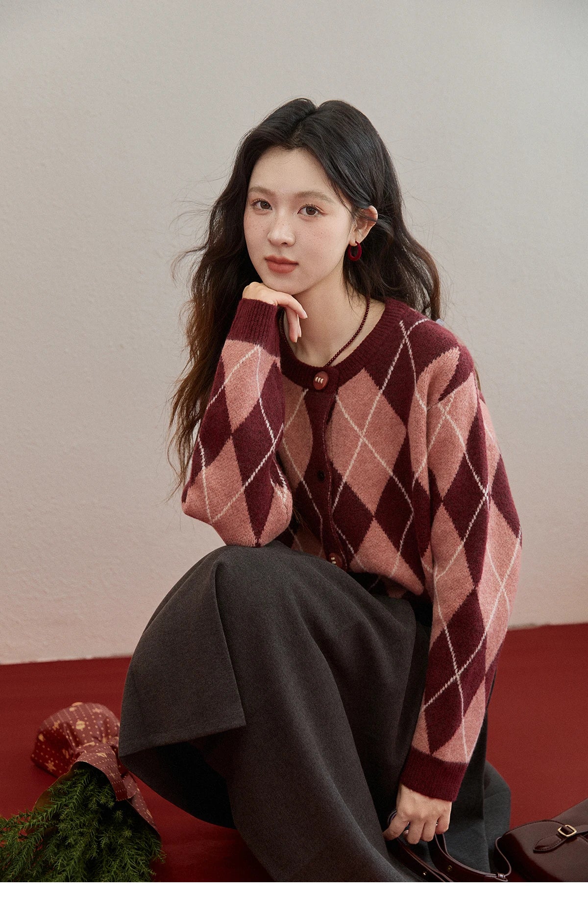 Mishow Retro Diamond Grid Contrast Cardigan MXE91Z2773
