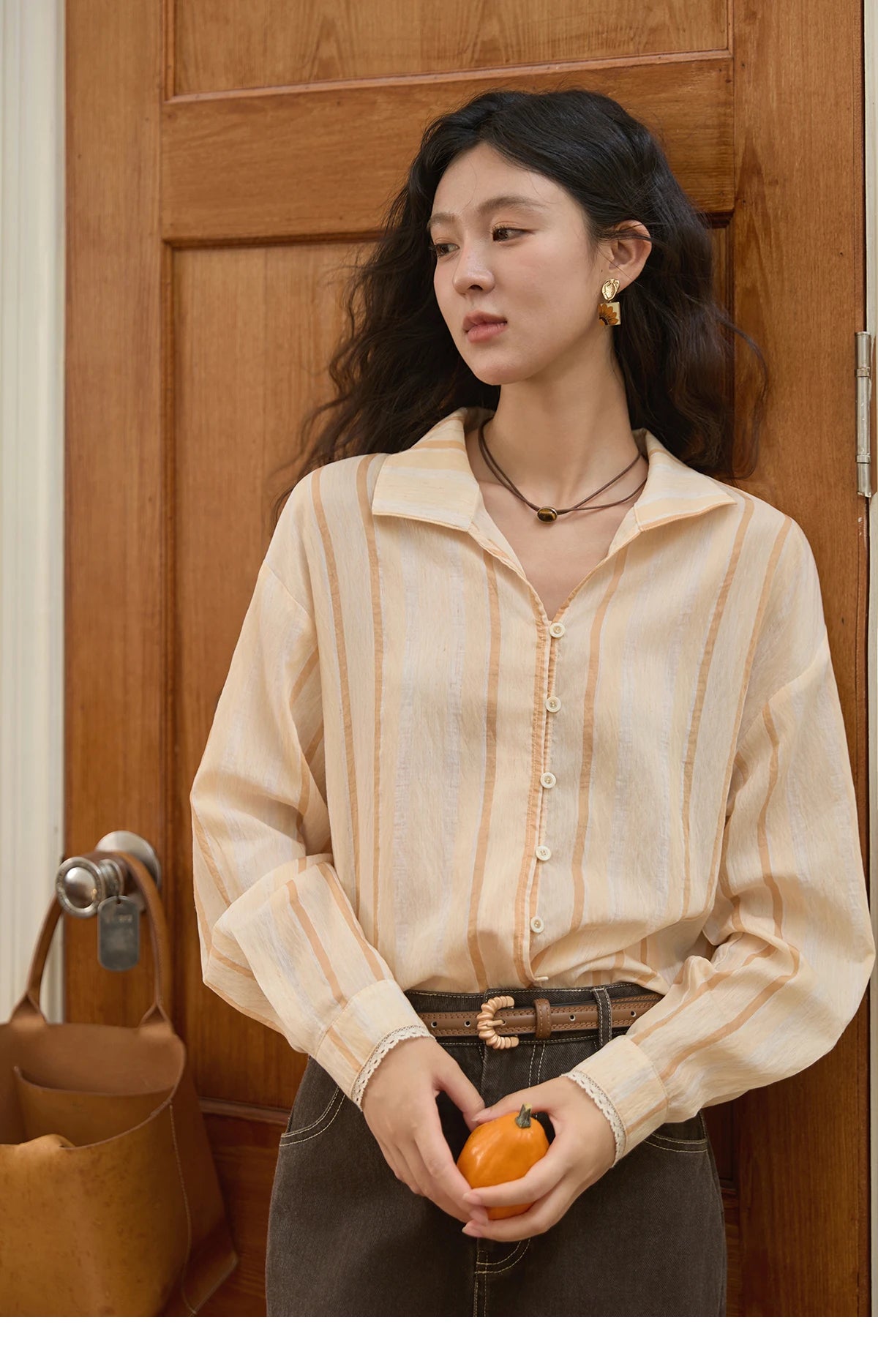 MISHOW Orange Stripe Linen Shirt Lapel Collar Lace Trim Cuffs MXE43C2379