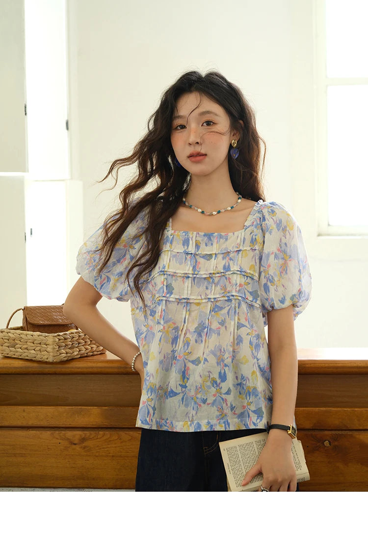 MISHOW Square Neck Puff Sleeve Blouse Print Top MXE39X1937