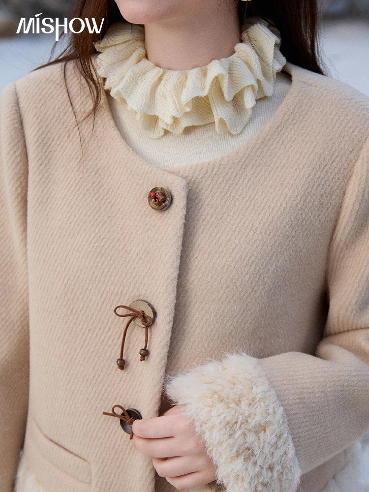 Mishow Retro Apricot Wool Plush Splicing Short Coat MXE92W0998