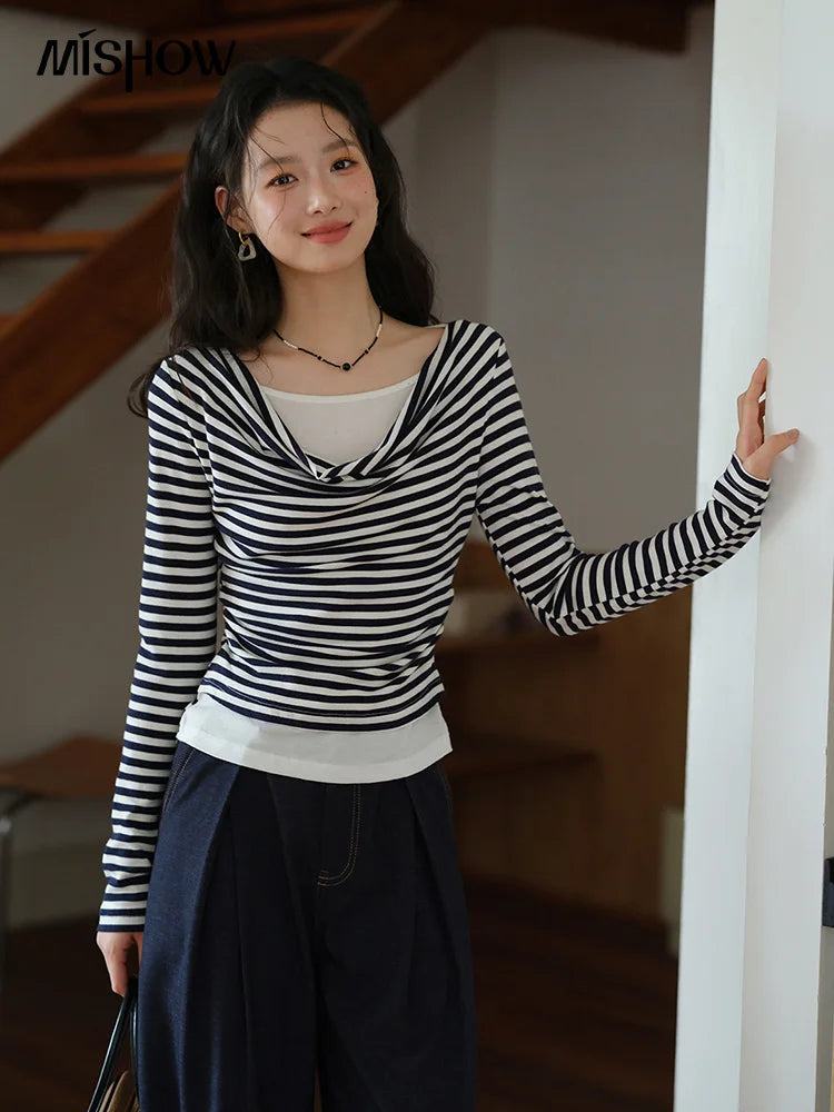 Mishow Multi Colored Fake Two-Piece Swinging Collar Sweater MXE42Z1341