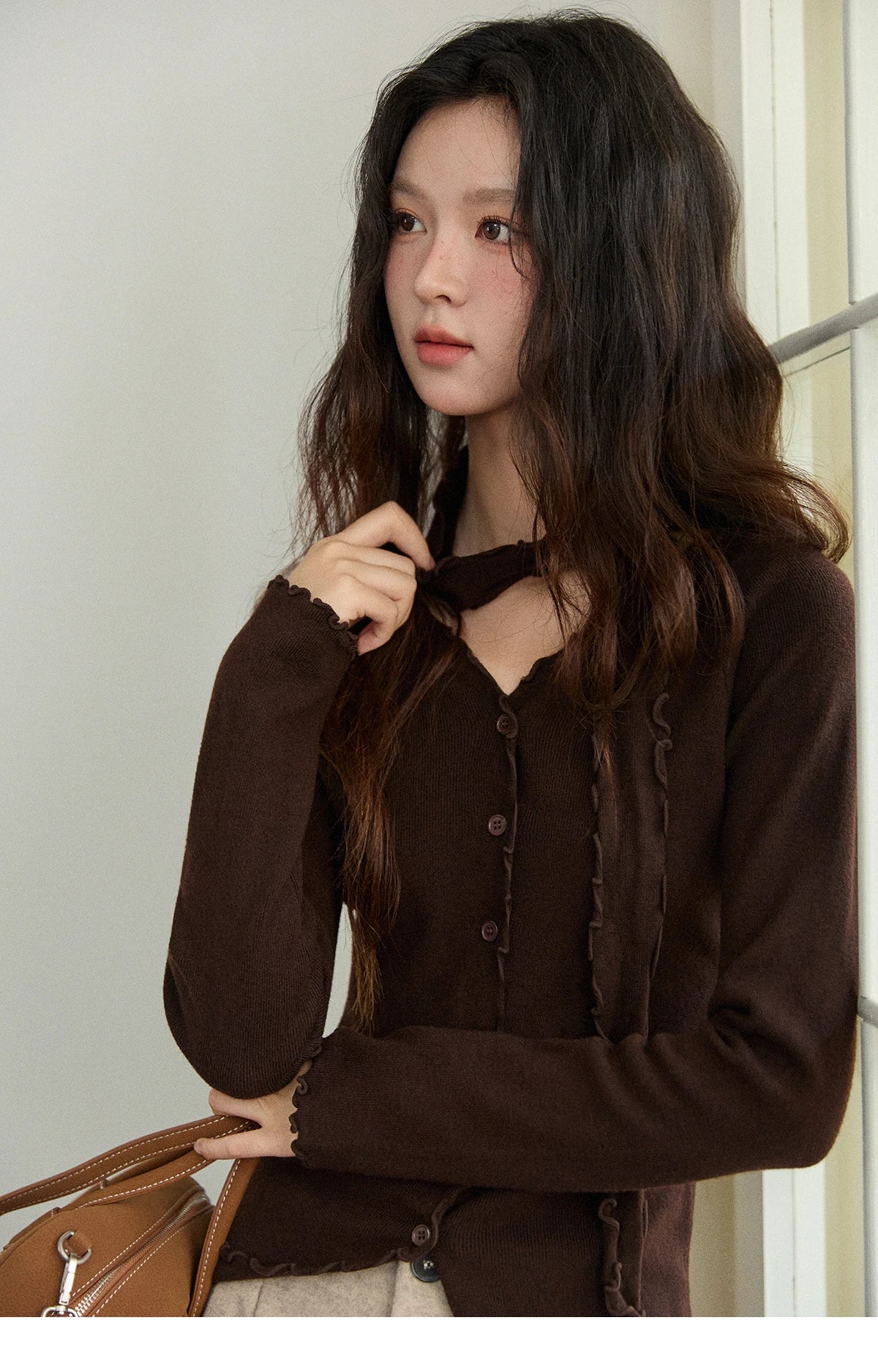 Mishow Ruffled Edge V-Neck Ribbon Knit Pullover MXE86Z2728