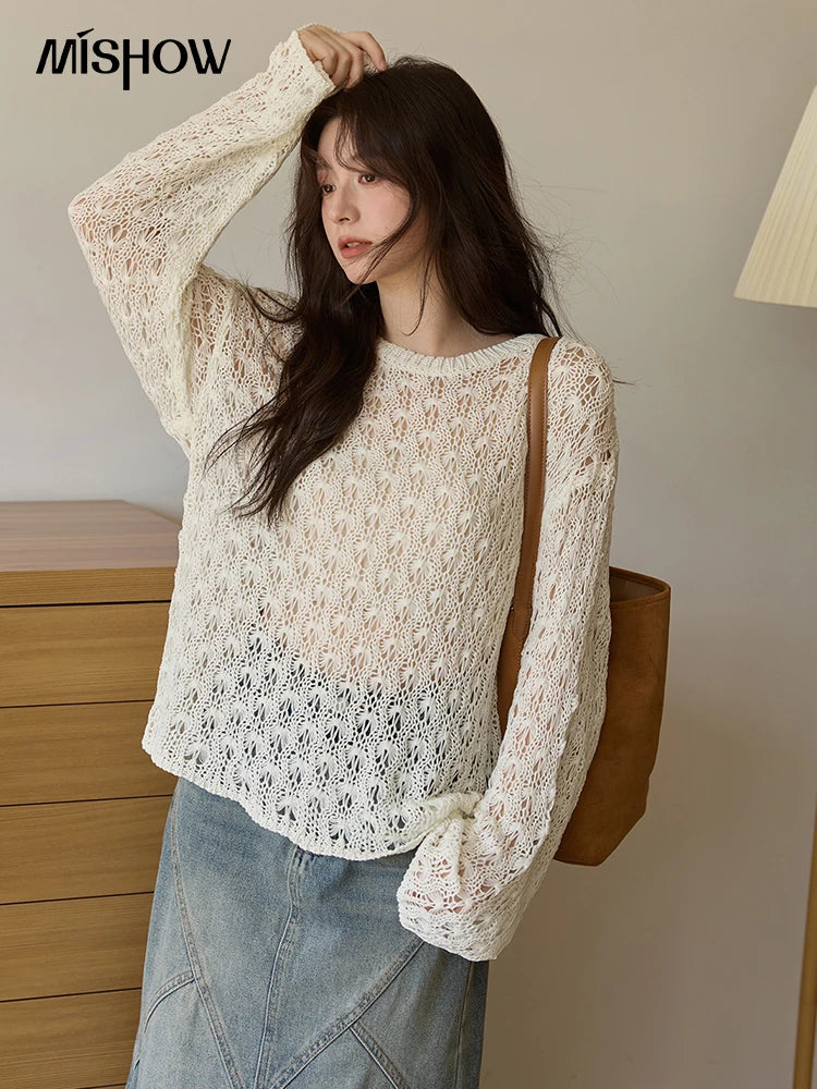 Mishow Hollow Jacquard Dropped Sleeve Sweater MXE43Z1360