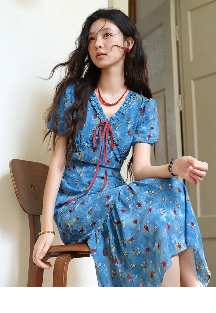 Mishow V-Neck Lace-Up Puff Sleeve Chiffon Dress MXE39L2401