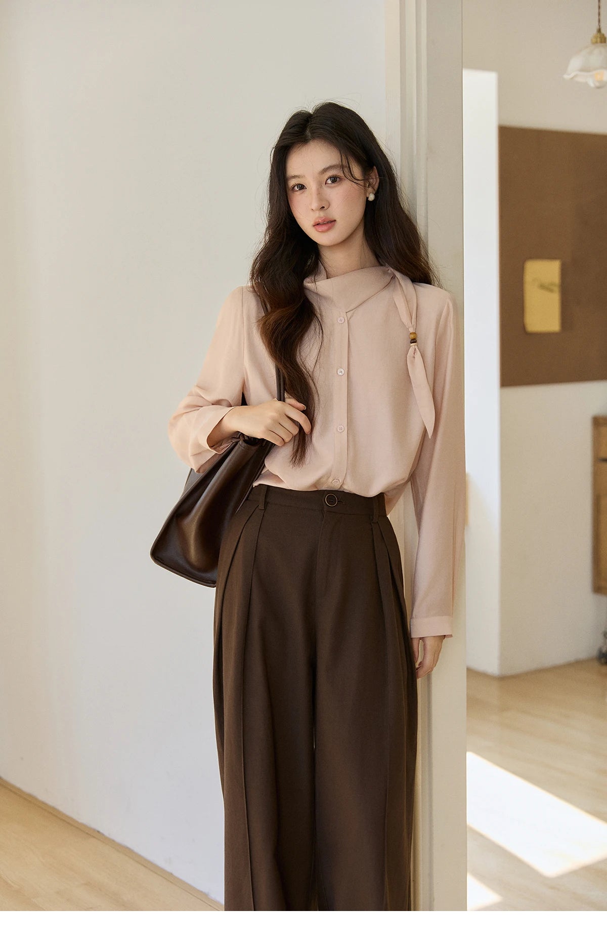 MISHOW Nude Pink Ribbon Stand Neck Shirt Button-Down MXE11X2547
