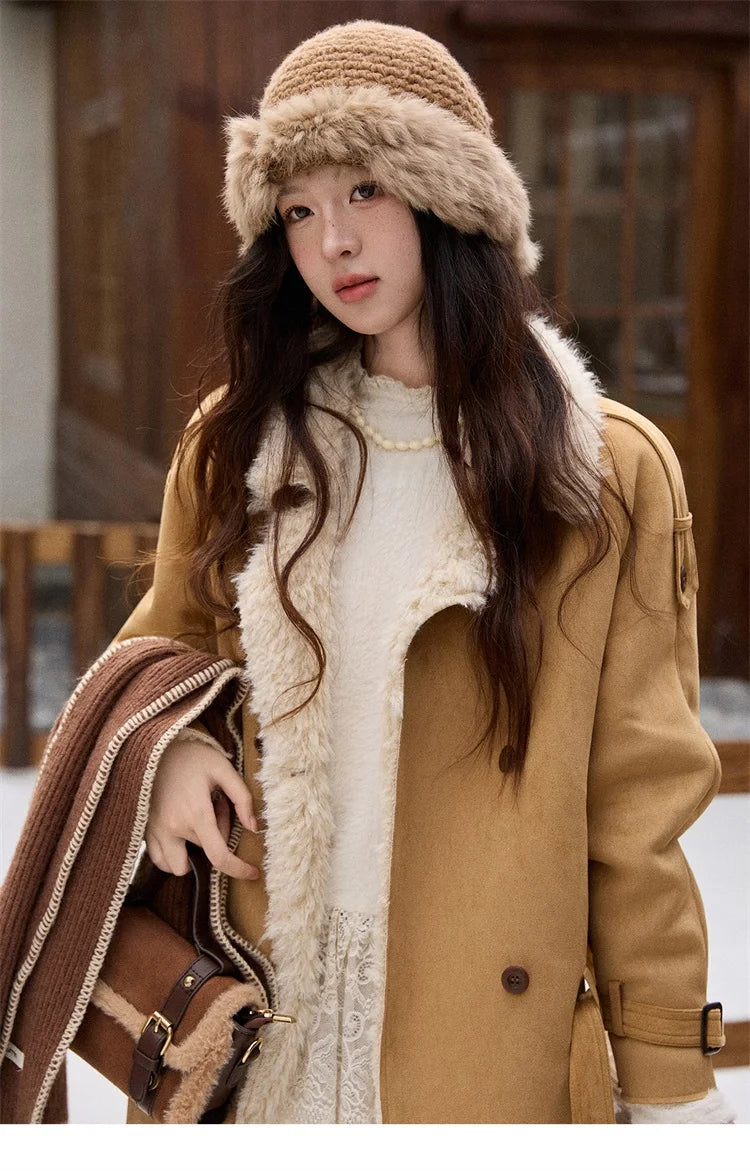 MISHOW Suede Lambskin Fleece Coat Double Breasted Windproof MXE86W0907