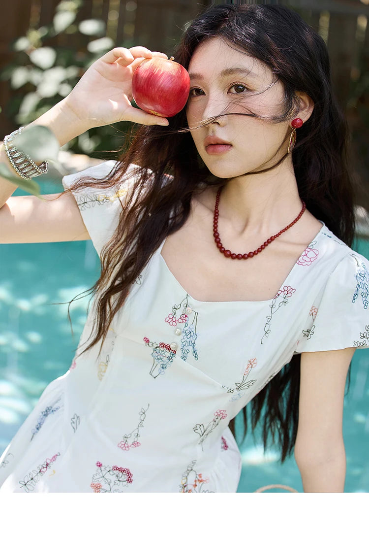 Mishow French Embroidery Square Neck Puff Sleeve Dress MXE39L2389