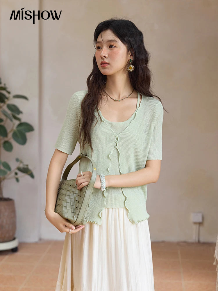 Mishow Mint Green Fake Two-Piece Short Sleeve Cardigan MXE36Z1286