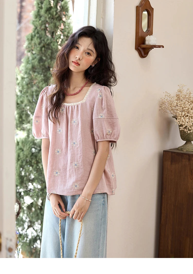 MISHOW Pink Embroidered Linen Blouse Square Collar Lace Patchwork MXE35X1834