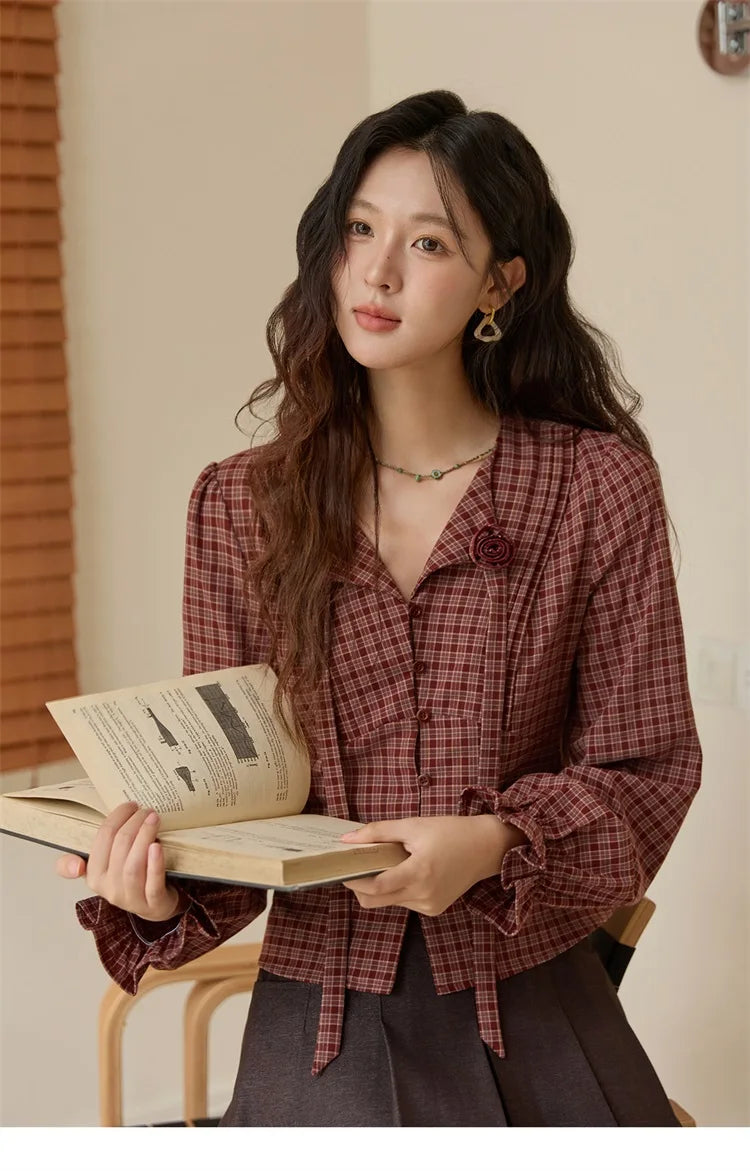MISHOW Red Tied Plaid Shirt 3D Floral Detail MXE45X2481
