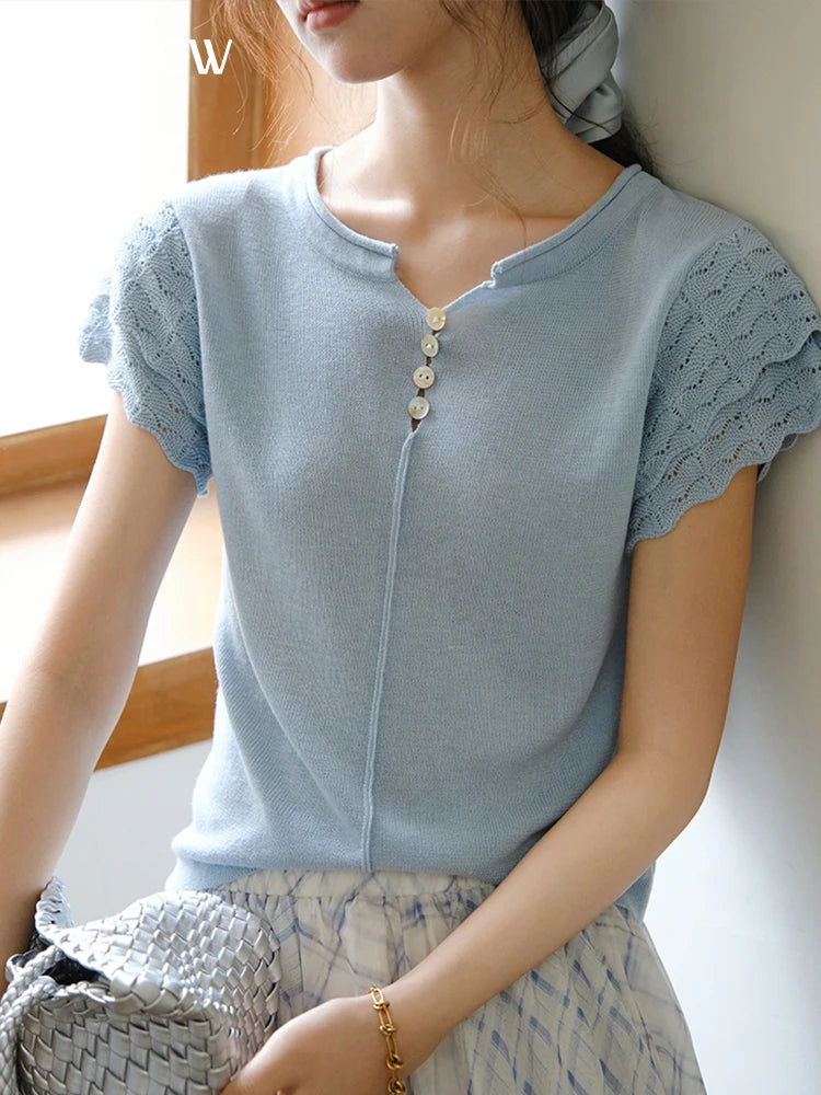 Mishow Blue Button O-Neck Wool Tee MXE34Z1262