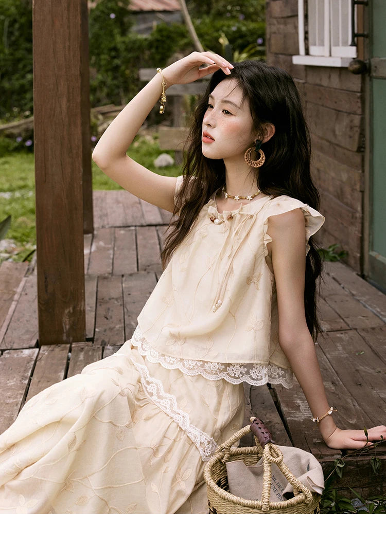 Mishow Short Flying Sleeve Top & Hollow Embroidery A-Line Skirt Set MXE33T0545
