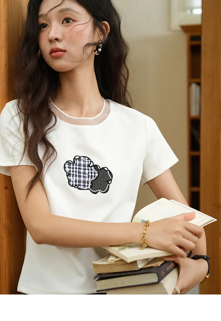 Mishow Lace Edge Splicing Round Neck Tee MXE38T0630