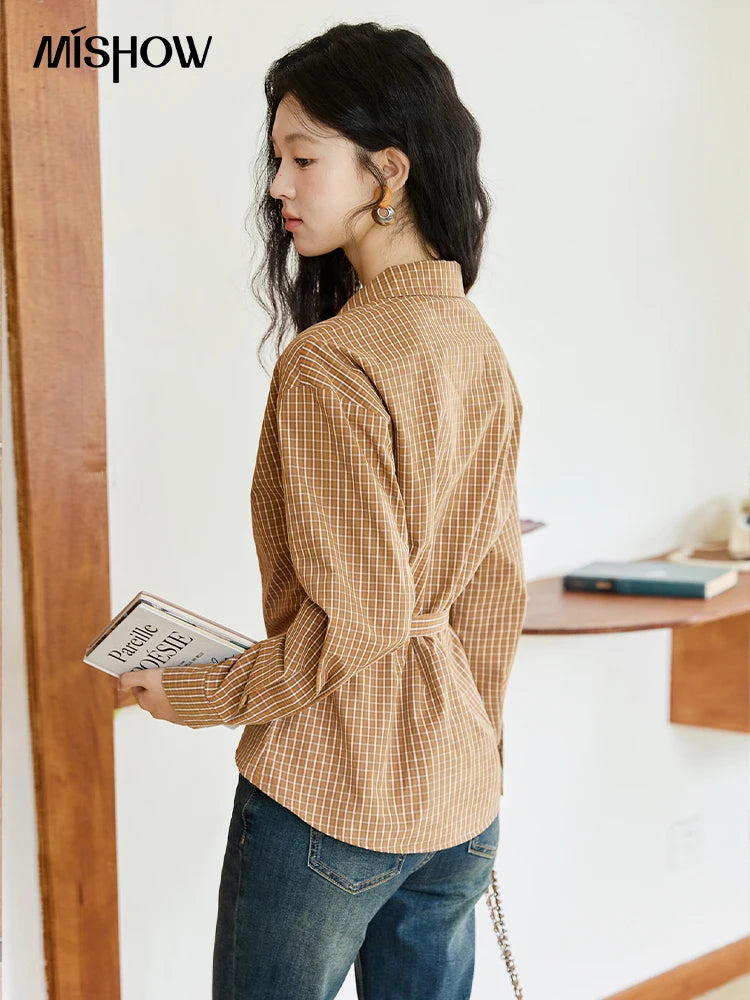 MISHOW Dark Orange Plaid Shirt Side Waist Lace-Up MXE46X2494