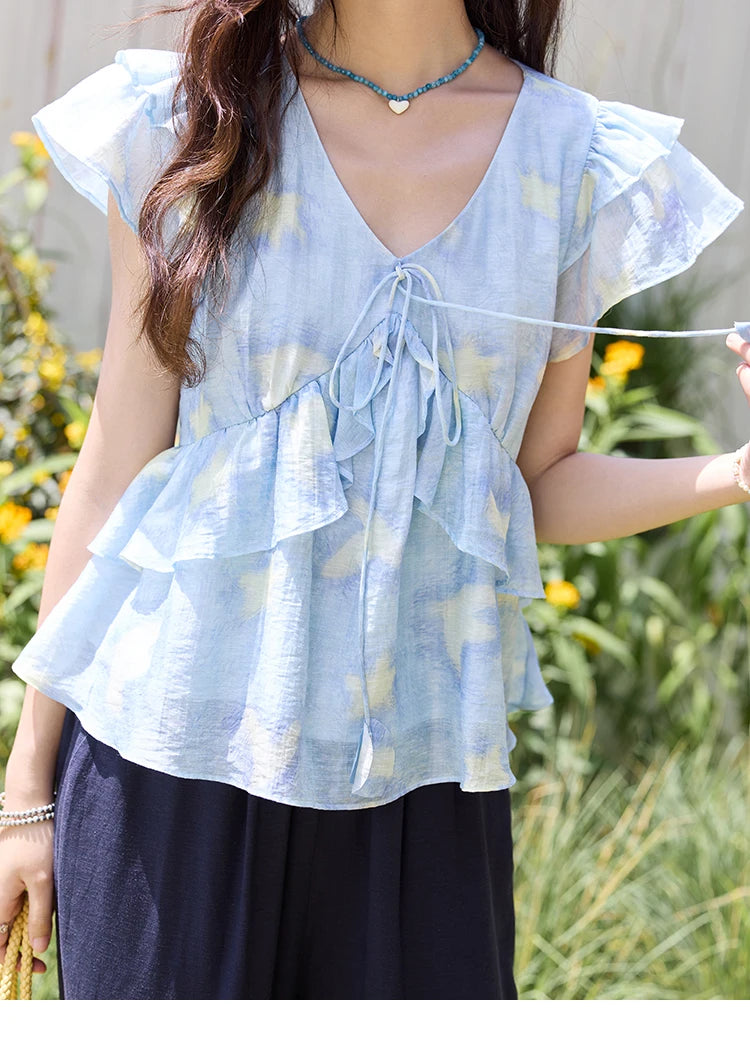 MISHOW Women's Blue Double-Layer Ruffled Linen V-Neck Blouse MXE33X1819