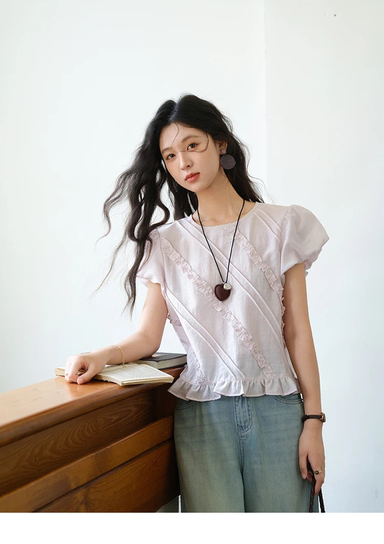 MISHOW Fungus Edge Puff Sleeve Blouse O-Neck Loose MXE39X1941