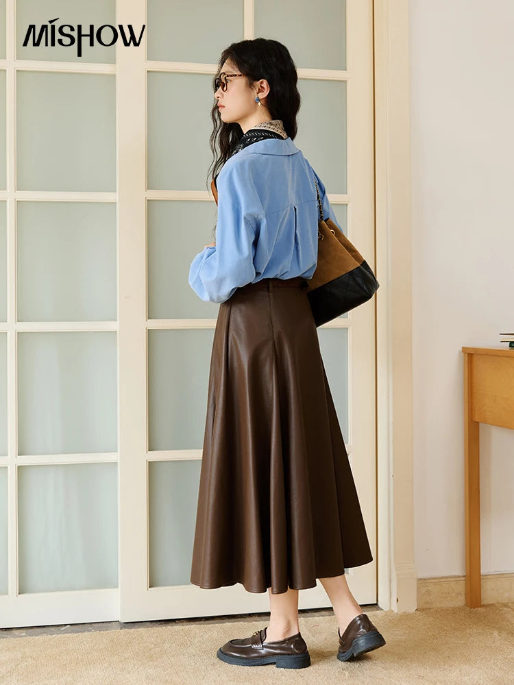 MISHOW PU Leather A-Line Skirt High Waist Retro Coffee MXE45B2412