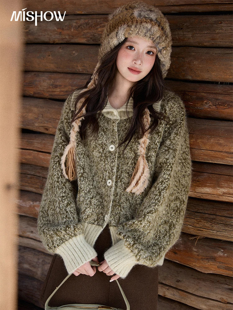 Mishow Green Retro Mottled Stand Collar Cardigan MXE90Z2787