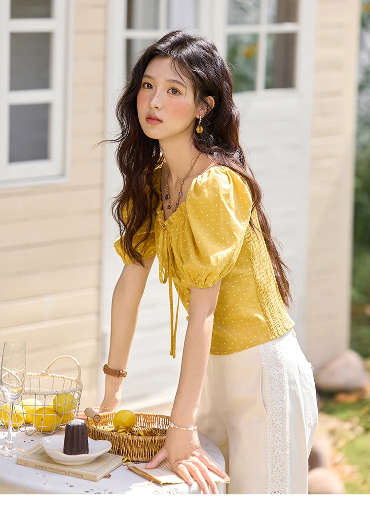 MISHOW Yellow Polka Dot One Shoulder Blouse Back Elastic Lace-Up MXE35X1840