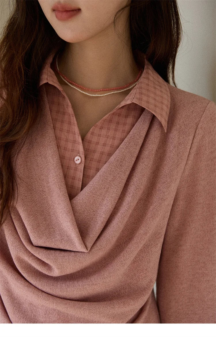 Mishow Pink Faux Two-Piece Plaid Draped Collar Pullover MXE87Z2747