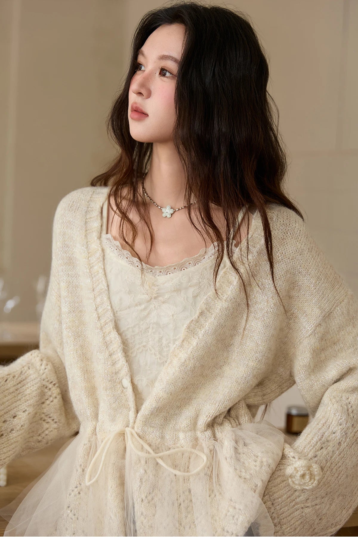 Mishow Apricot Mesh Flower Drawstring Cardigan MXE88Z2707