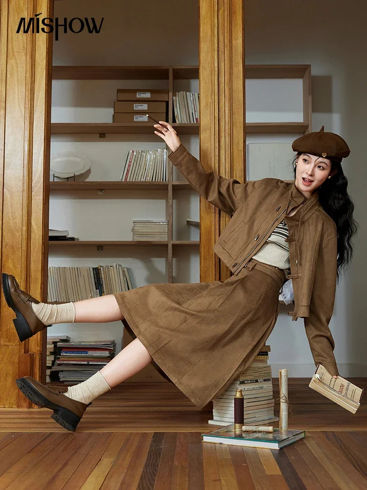 Mishow Retro Suede Stand Collar Jacket & Pleated Skirt Set MXD44W0423