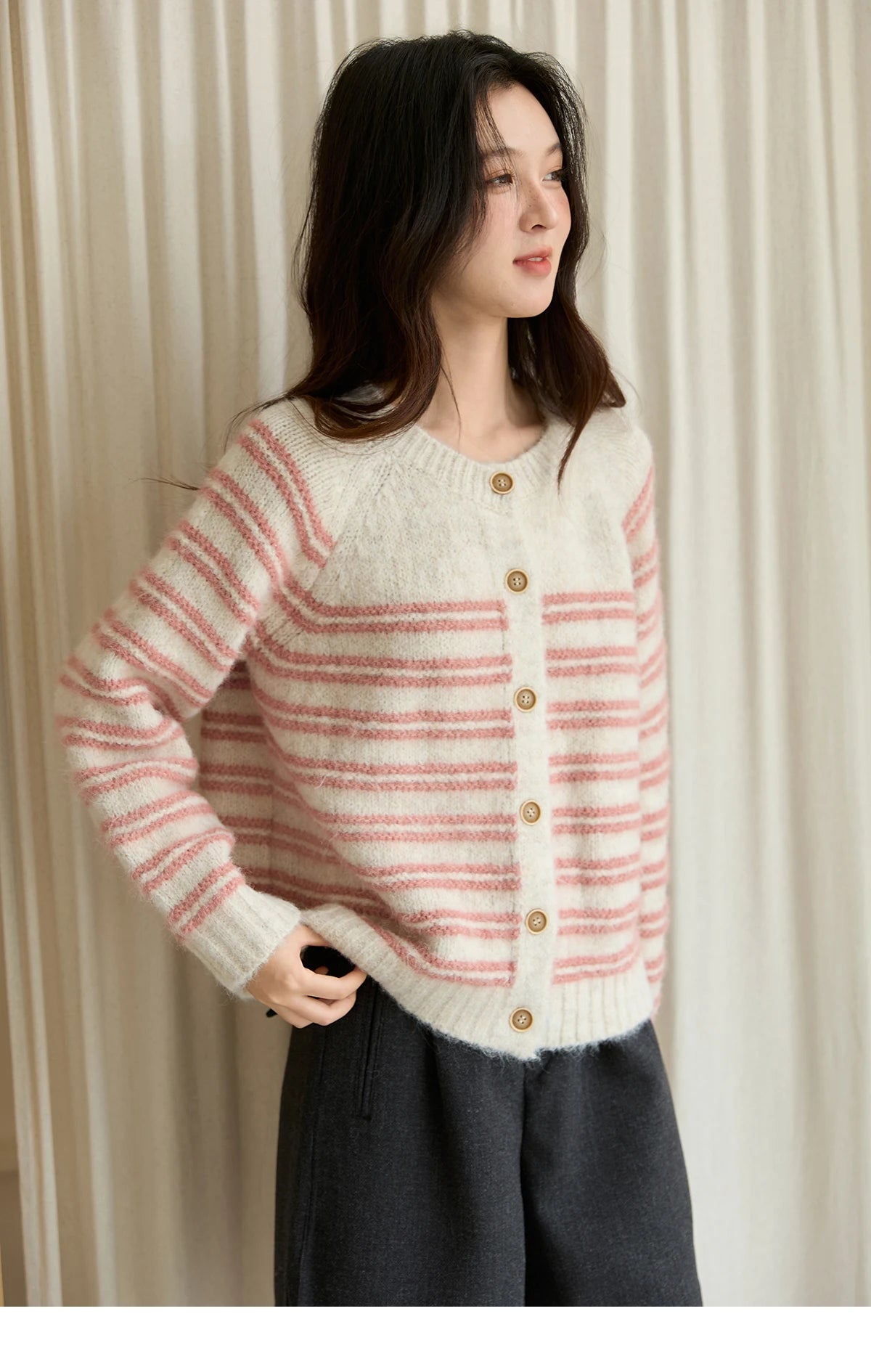 Mishow Pink Striped Wool Blend Cardigan MXE49Z2615