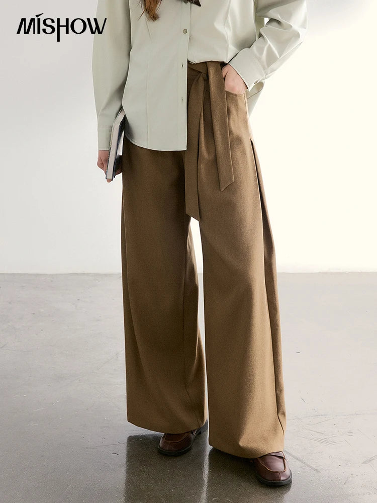 MISHOW Brown Wide Leg Pants Strap Design High Waist Elastic MXF11K1134