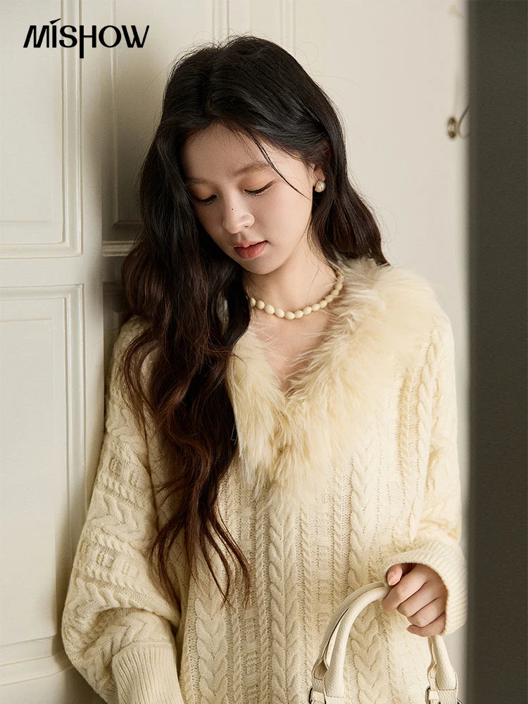 Mishow Faux Fur Collar Batwing Cable Knit Pullover MXE94Z2985