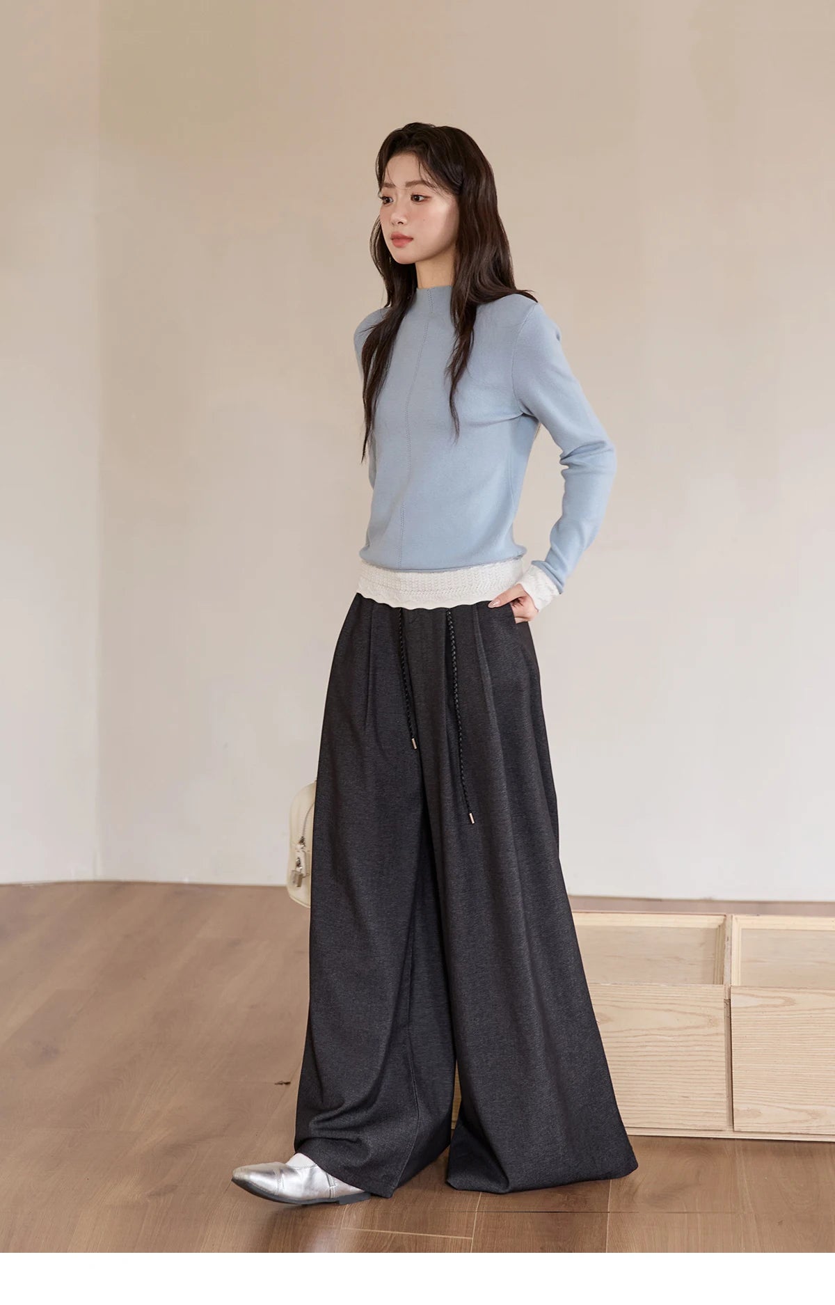 MISHOW Gray Wide-Leg Pants Lace-Up High Waist Slim MXE51K1106