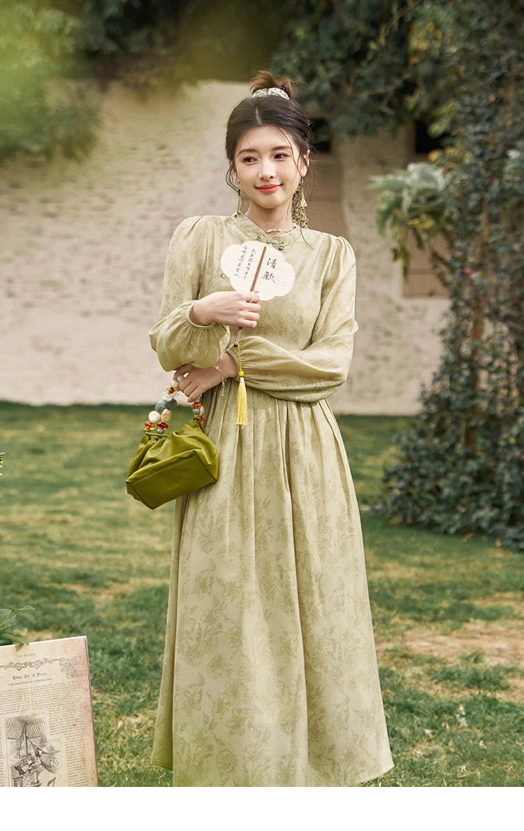 Mishow Chinese Cheongsam Green Puff Sleeve Dress MXD14L1767