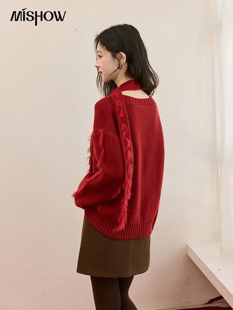 Mishow Burgundy Christmas Mink Fur Tassel Sweater MXE93Z2809