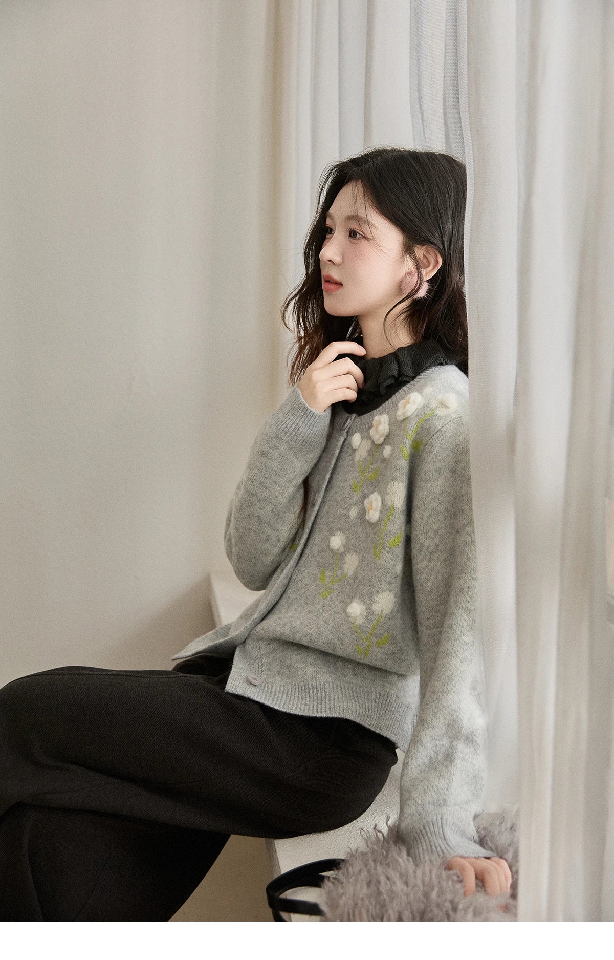 Mishow Gray Flower Embroidery Round Collar Cardigan MXE91Z2836